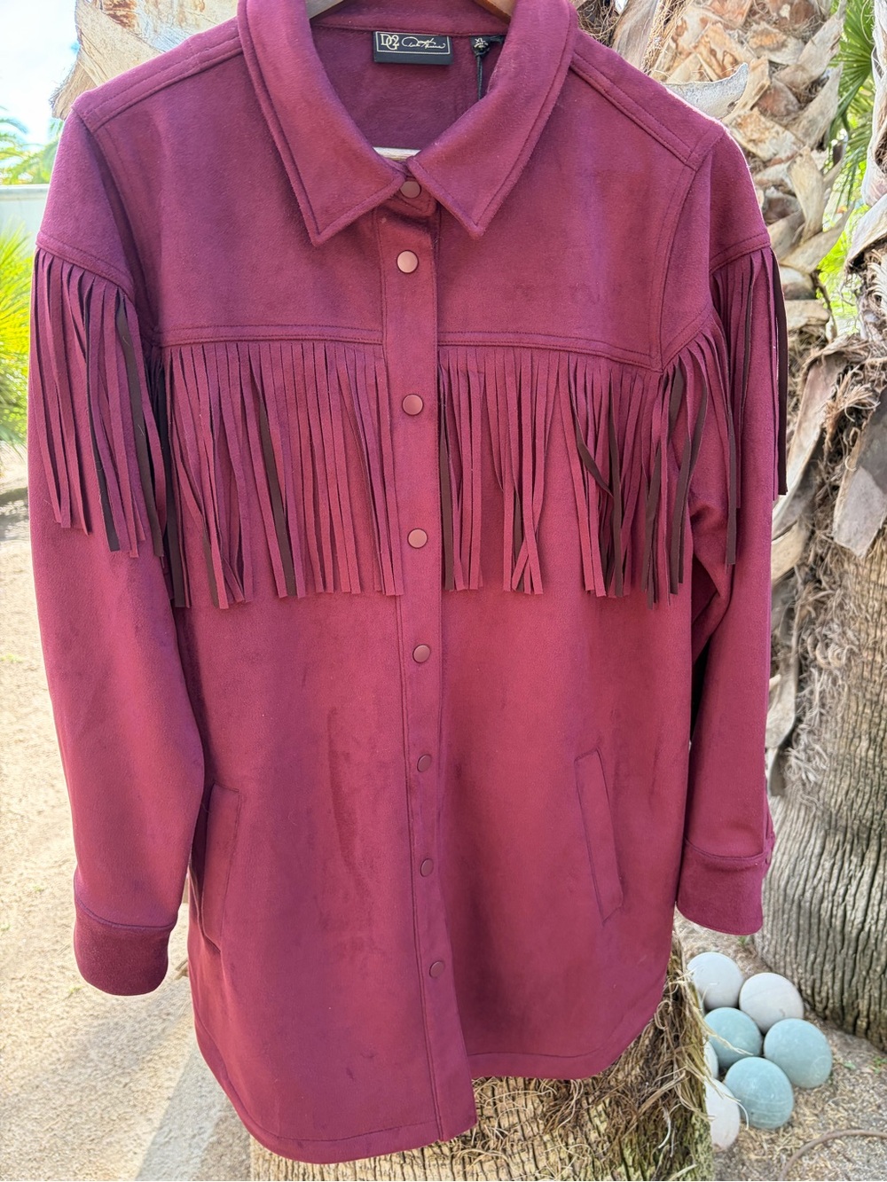 DG2 by Diane Gilman Burgundy Fringe Snap-Front Jacket